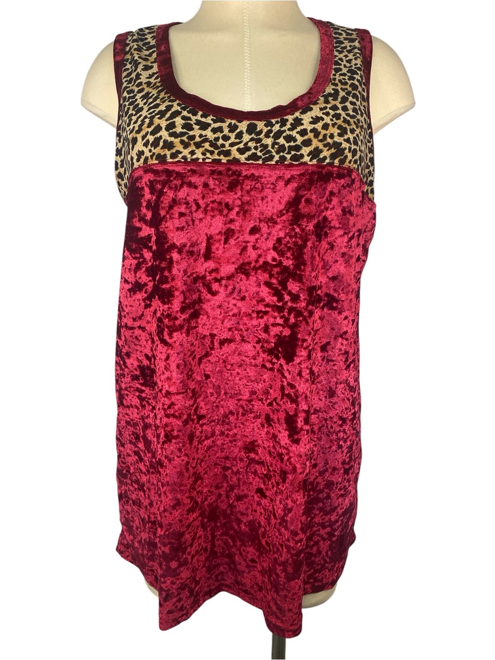 Sunshine & Rodeos Red Crushed Velvet Tank with Leopard Yoke - Women’s XL